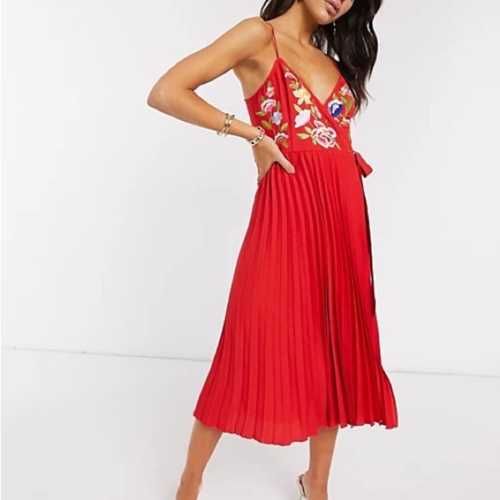 ASOS Embroidered Pleated Cami Wrap Midi Dress! Size 10 US. Color Red.